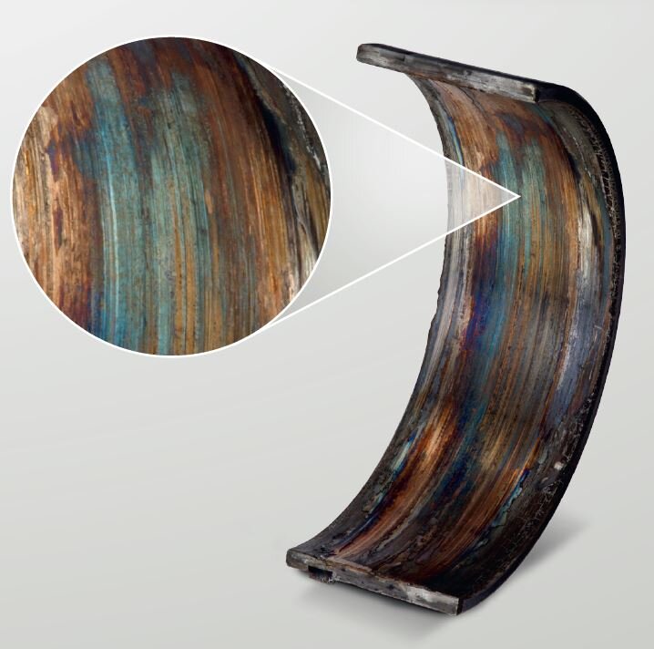 Deckelseitige Pleuellagerschale Stahl-Bronze-Verbundwerkstoff mit Galvanik-Beschichtung (zum Vergrößern anklicken) Deckelseitige Pleuellagerschale Stahl-Bronze-Verbundwerkstoff mit Galvanik-Beschichtung