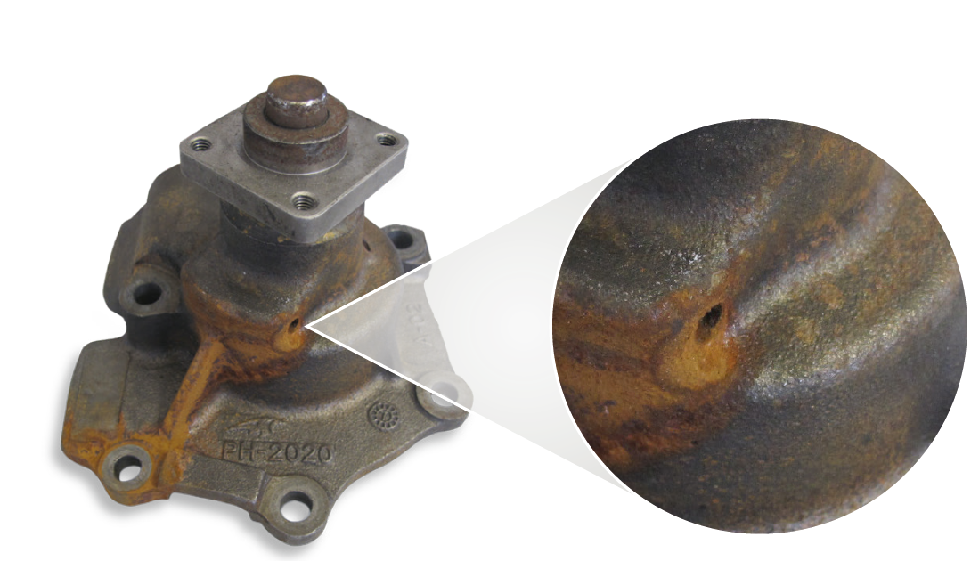 Leaky water pump caused by rust in the cooling liquid (lack of  corrosion protection in the cooling liquid)